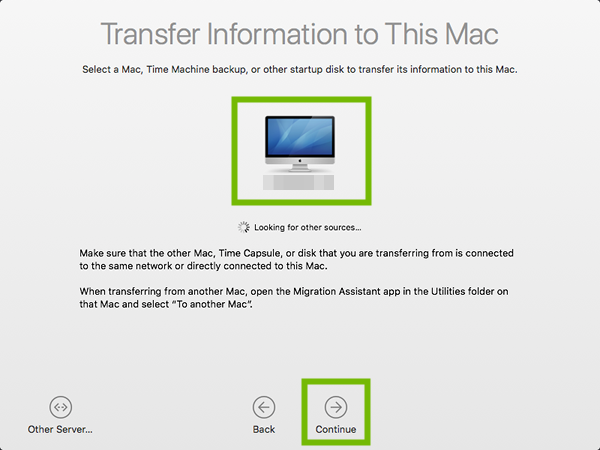 Migration Assistant with old computer and Continue highlighted.