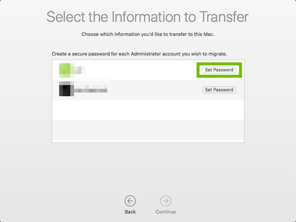 Migration Assistant set password for new users dialog with Set Password highlighted.