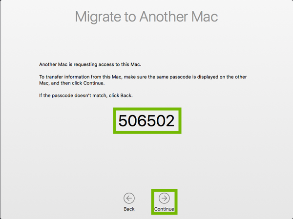 Migration Assistant verification number and continue highlighted.