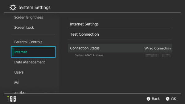 Internet option selected in Nintendo Switch settings.