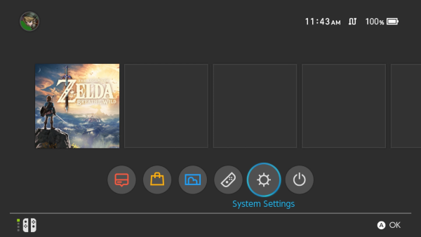 System Settings selected in Nintendo Switch menu.