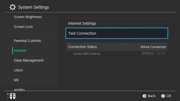 Test Connection option selected in Nintendo Switch settings.