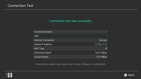 Connection test results on Nintendo Switch.