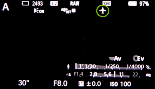 Camera screen with airplane icon highlighted