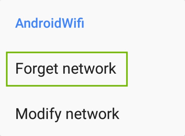 Network menu with Forget network highlighted