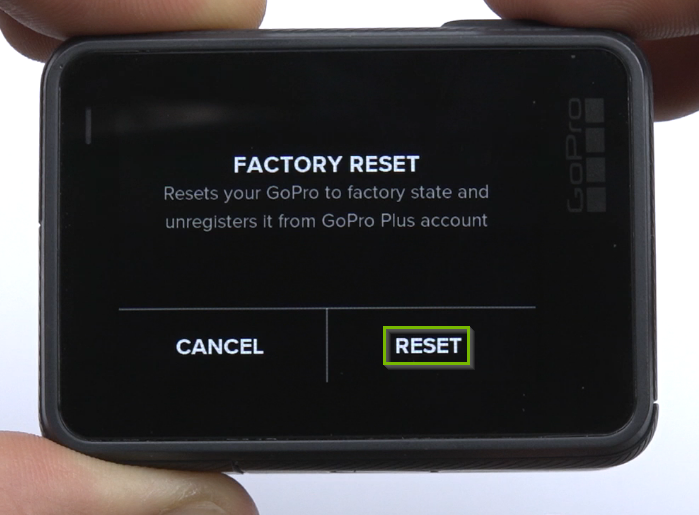 Factory Reset screen with RESET option selected.