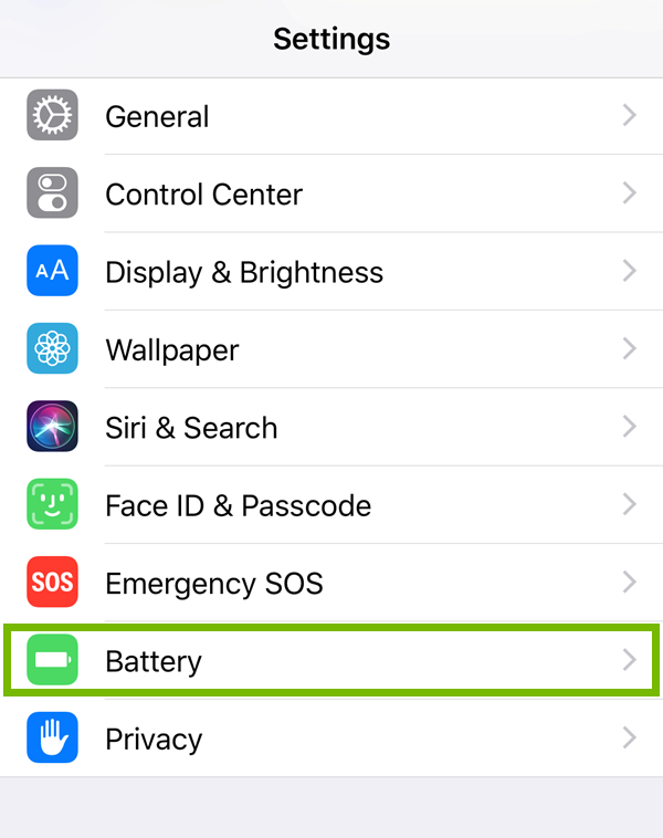 iOS Settings menu highlighting the battery option.