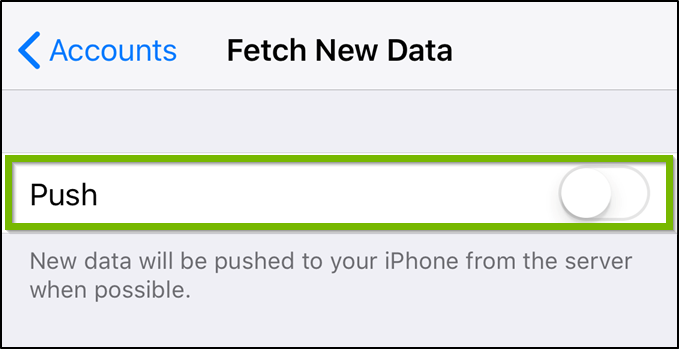 iOS Fetch new data screen highlighting the push toggle switch.