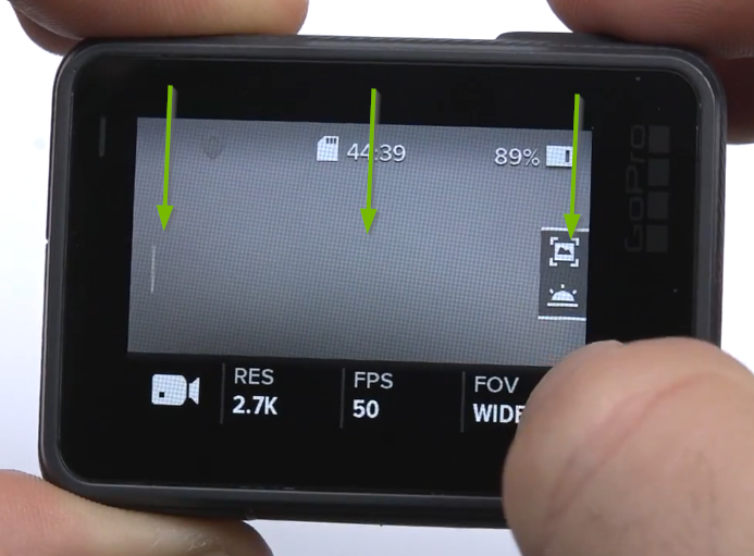 Swiping down on the GoPro main screen.