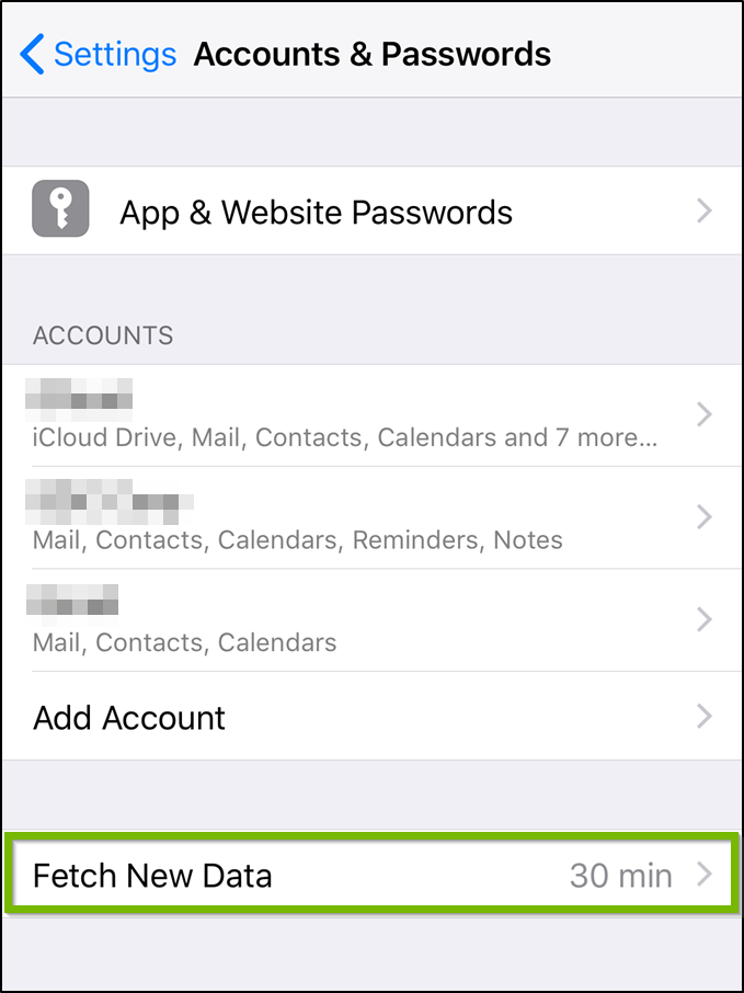 iOS accounts and passwords menu highlighting the fetch new data option.