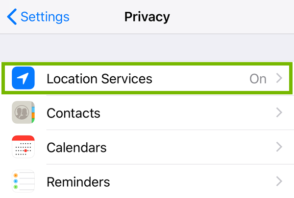 Privacy menu highlighting the location services option.