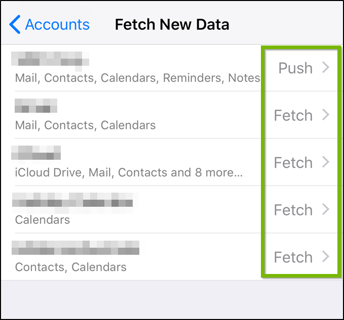 iOS Fetch new data screen highlighting available email accounts.