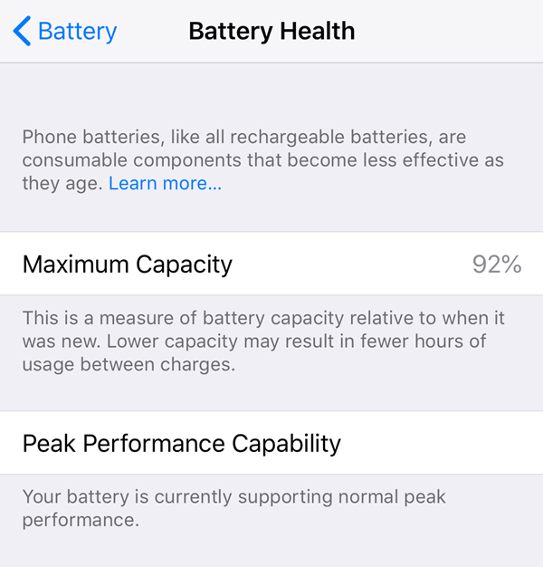Battery health assessment screen.