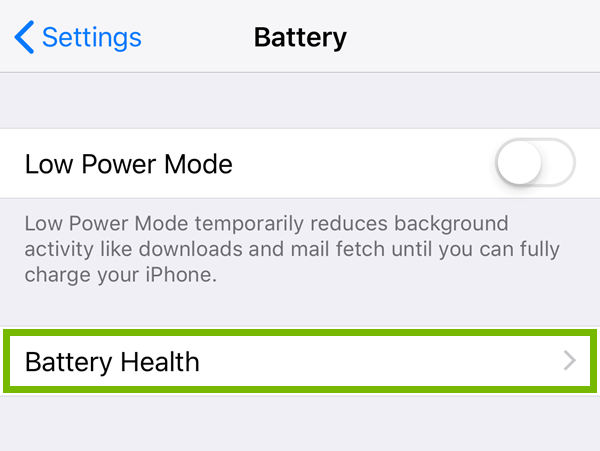 Battery menu highlighting the battery health option.