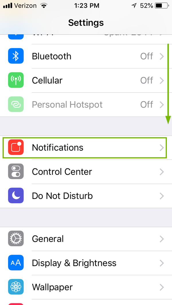 Settings menu with Notifications highlighted. Screenshot