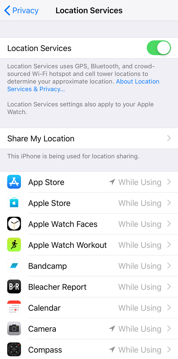 Location services menu.