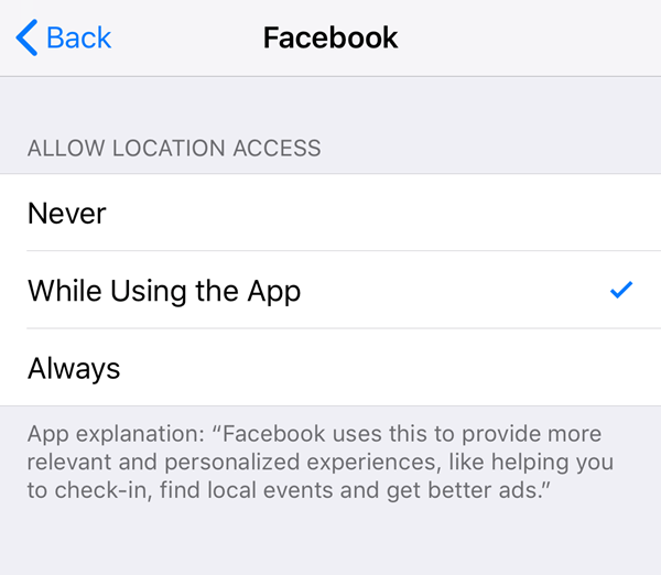 Facebook app location services options.