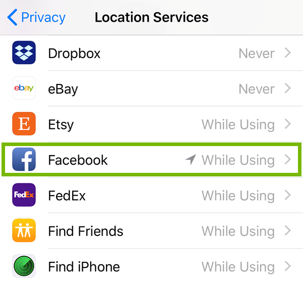 Location services menu highlighting the Facebook app.