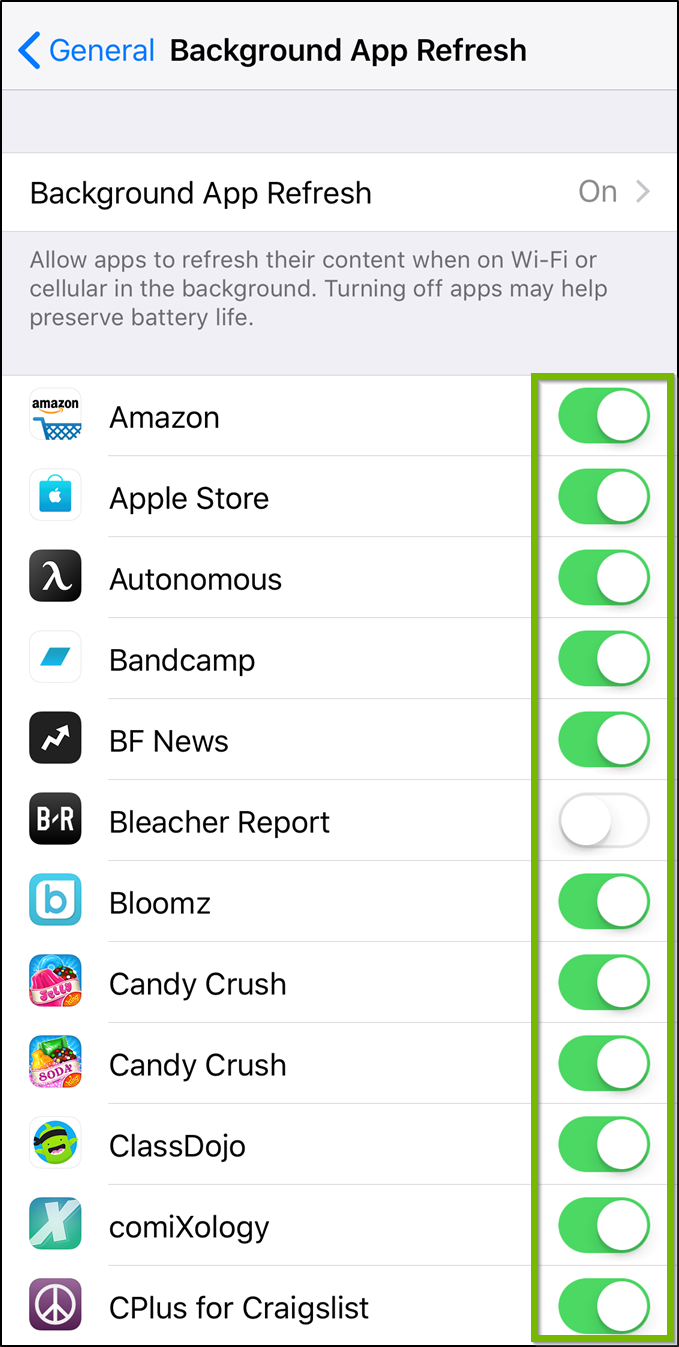 iOS Background app refresh menu highlighting the toggle switches next to available apps.