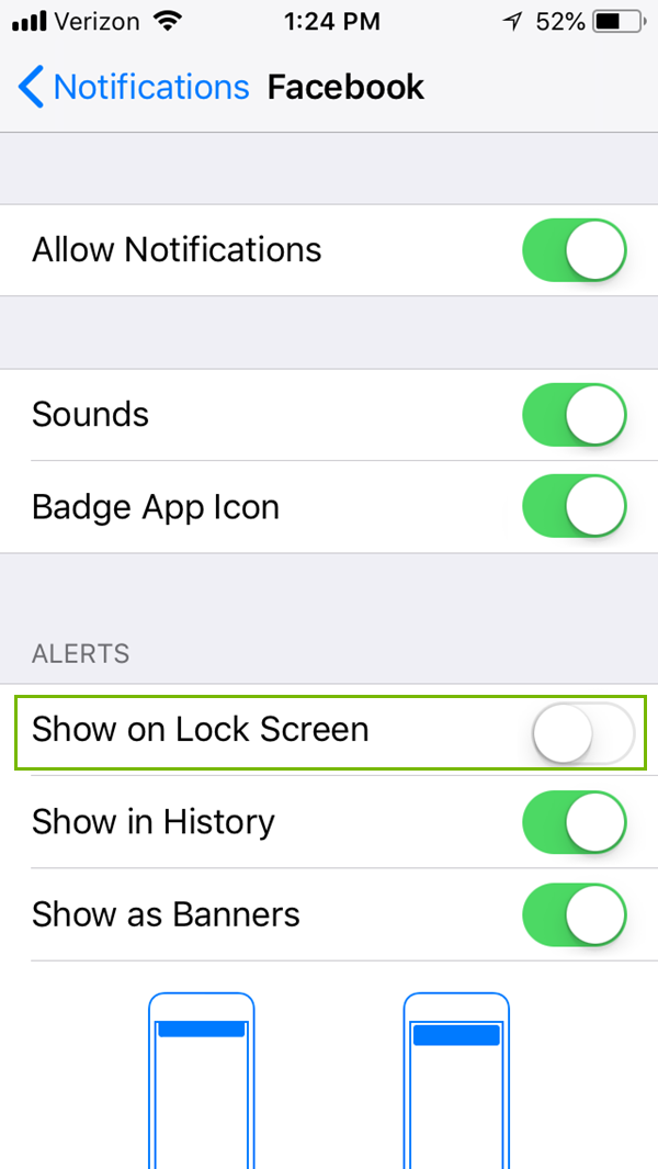 Notifications for an app menu with Show on Lock Screen highlighted. Screenshot