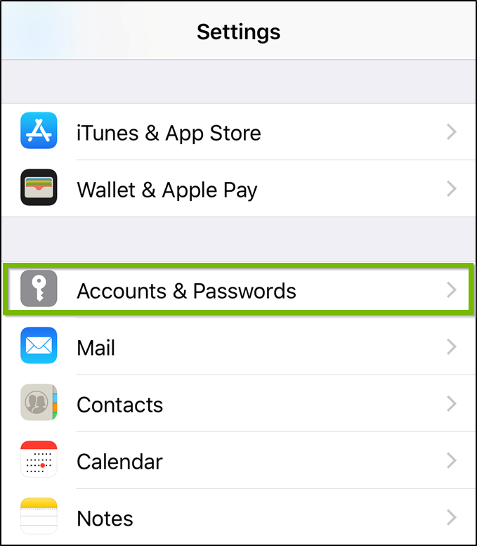 iOS Settings menu highlighting the accounts and passwords option.