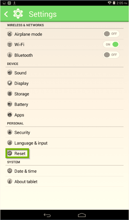 Device settings screen with Reset option selected.