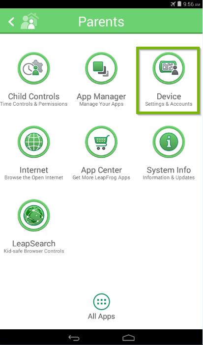 Parents Settings screen with Device selected.