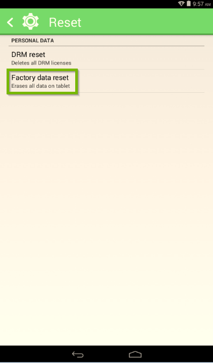 Feset screen with Factory data reset option selected.