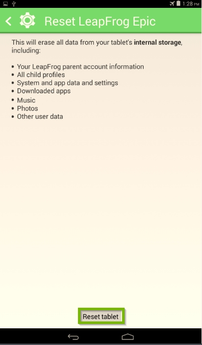 Factory reset confirmation screen with Reset Tablet option selected below. The option will reset all internal storage.