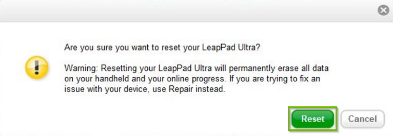 Reset confirmation box with Reset button selected. Screenshot.