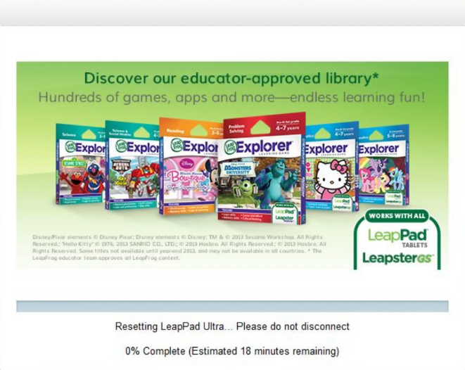 LeapPad Ultra reset screen with progress bar and estimated time remaining. Screenshot.