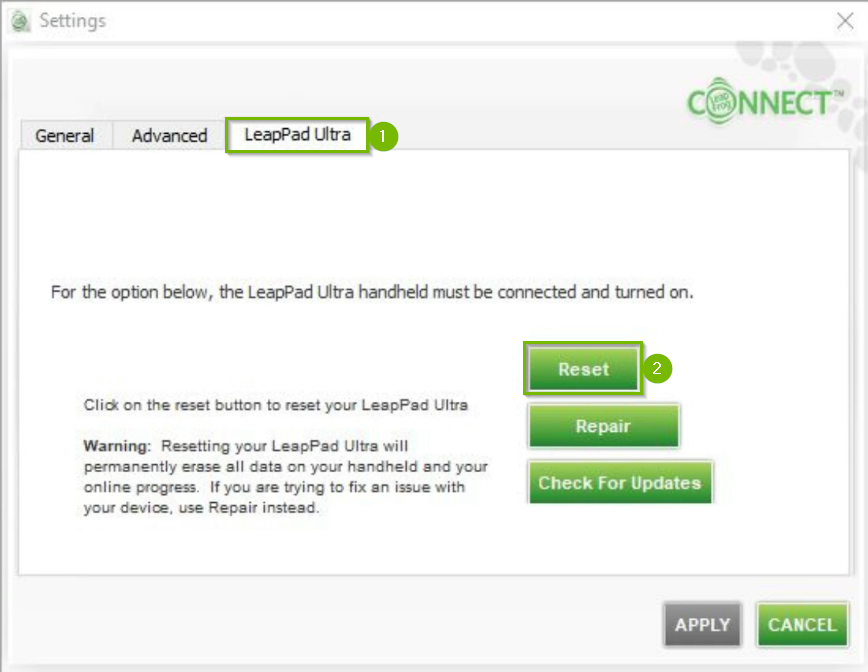 Settings menu with LeapPad Ultra tab selected and Reset button highlighted. Screenshot.