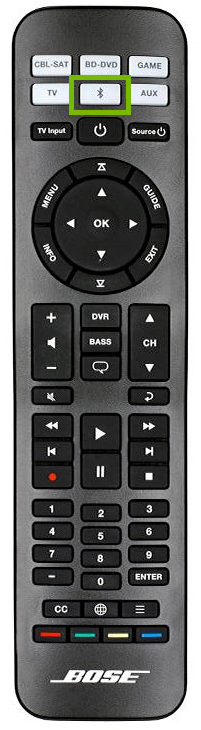 Remote control with Bluetooth button highlighted