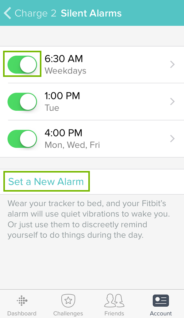 Silent alarm menu with slider and new alarm highlighted. Screenshot