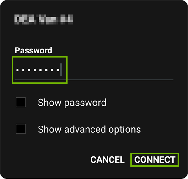 Wi-Fi password dialog with password and Connect highlighted.