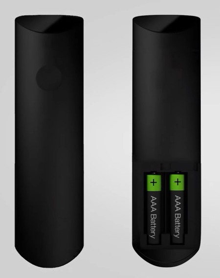 Back of remote next to cover with batteries inserted.