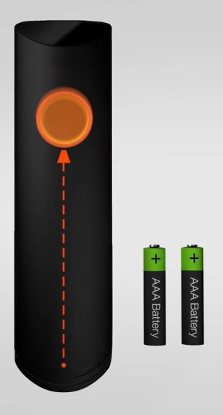 Back of remote with orange dot and arrow, indicating pressing down and up to open it, next to 2 AA batteries.