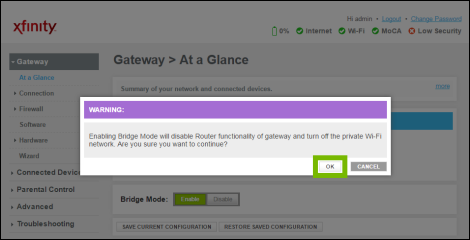 Warning about bridge mode with OK highlighted.