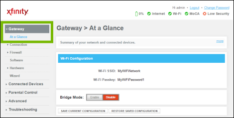 Gateway administration page with Gateway, At a Glance highlighted.