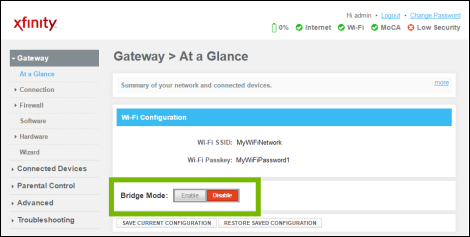 Bridge Mode settings highlighted.