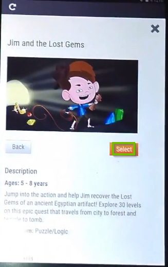 In the example, Jim and the Lost Gems is selected and the Select button is highlighted below.