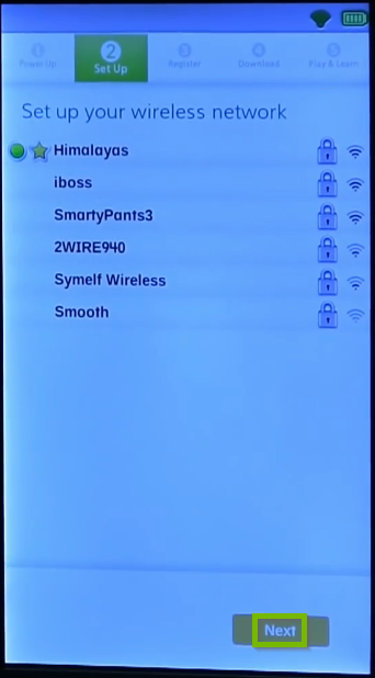 List of wireless networks with green circle next to active connection. Next button selected below.