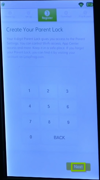 Parental lock setup screen.