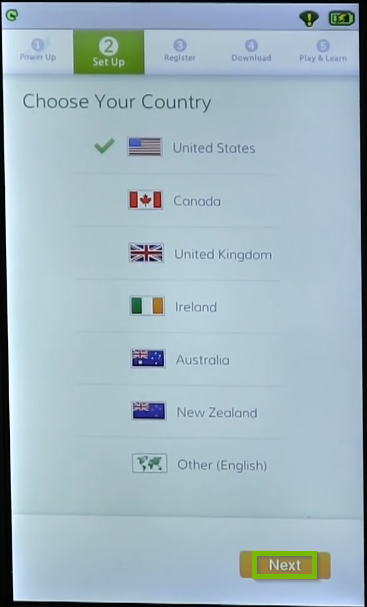 Country selection screen with United States selected and Next button below.