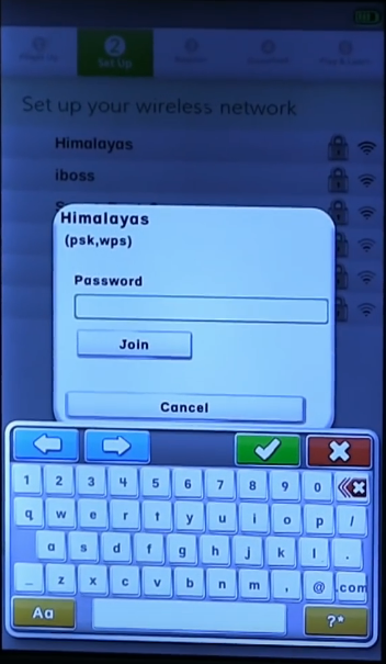 Prompt for Wi-Fi password on LeapFrog LeapPad Ultimate.