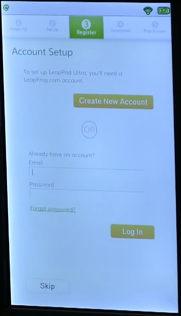 Account setup page with email and password fields, and Log in button below.