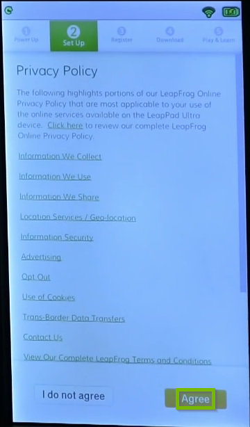Privacy policy with Agree button below.