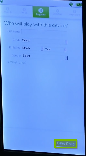 Child profile setup screen with fields for name, grade, birthdate, gender. The Save Child button is below.