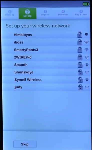List of available wireless networks with Skip button below.