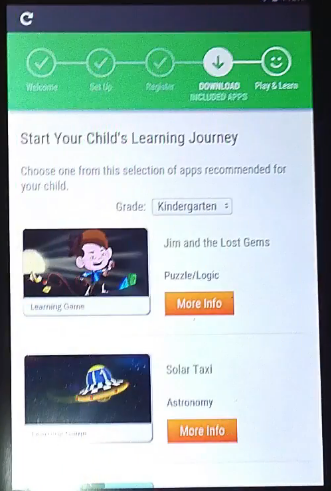 LeapFrog setup screen with available apps to download.